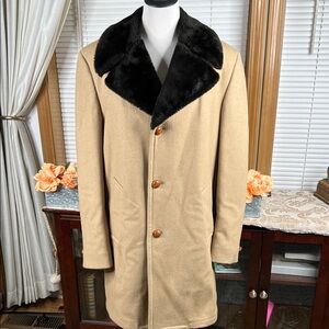 Vtg Great Western Ranch Wool Blend Overcoat w/ Brown Faux Fur Collar Size 42L